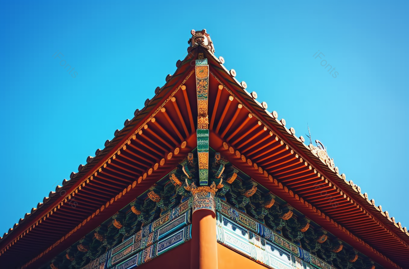 蓝天古建筑寺庙楼宇华丽多彩一角摄影,高清,摄影图,摄影图片,图片大全,摄影图免费下载